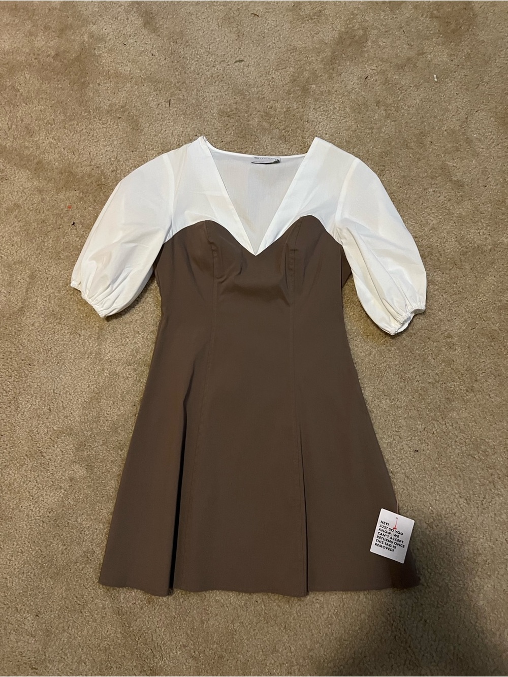 ASOS Two-Tone V-Neck Puff Sleeve Mini Dress in White and Brown